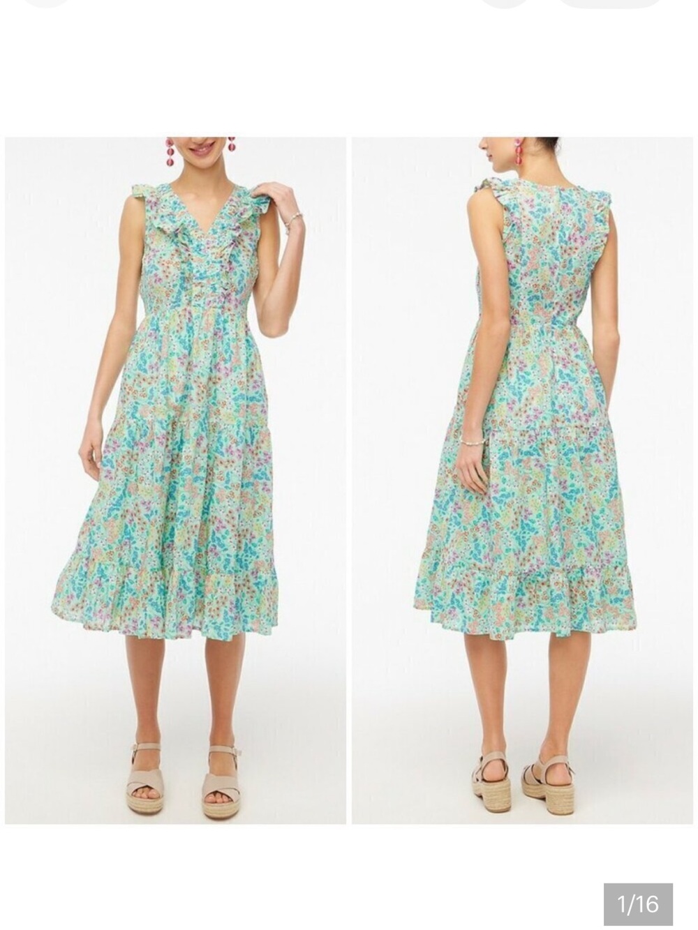 J. Crew Mint Floral Ruffle-Trim V-Neck Midi Dress